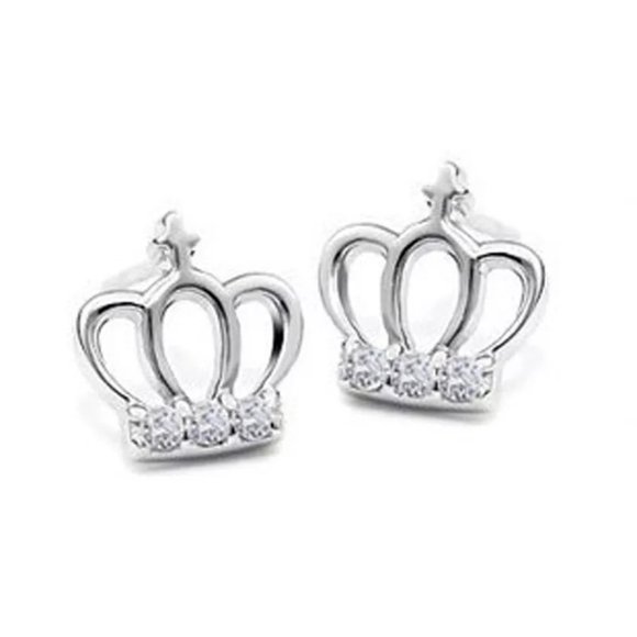 14k Gold Pretty Diamond Crown Earrings Sterling Silver - Picture 1 of 8